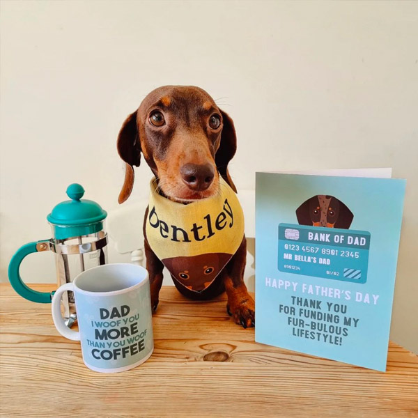 dachshund with their 'bank of dad' fathers day greeting card