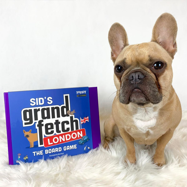 Frenchie with personalised 'Grand Fetch London' Board Game