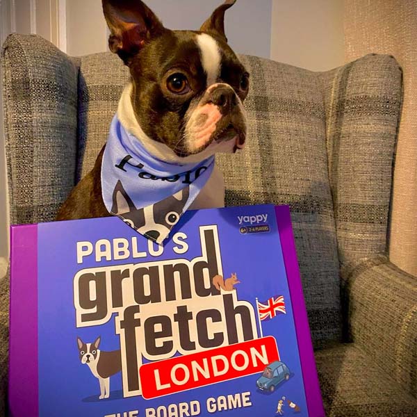Boston Terrier with personalised 'Grand Fetch London' Board Game