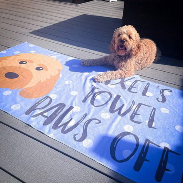 Axel with his personalised Dog Towel 'paws off'