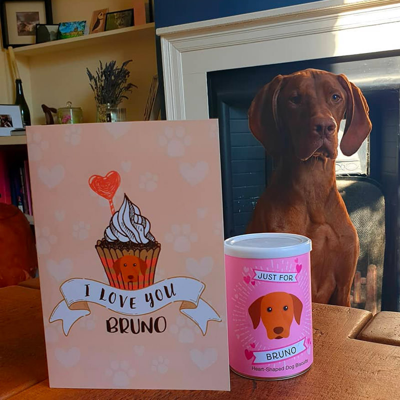 Bruno with his Personalised Card and Dog Biscuits