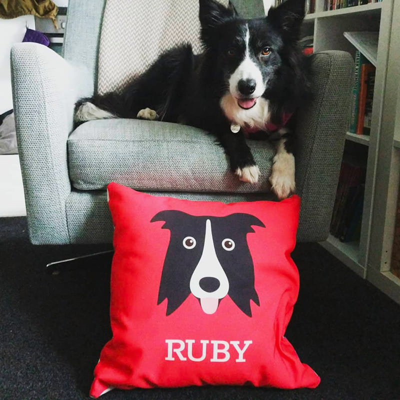 Ruby with her Personalised Icon Cushion