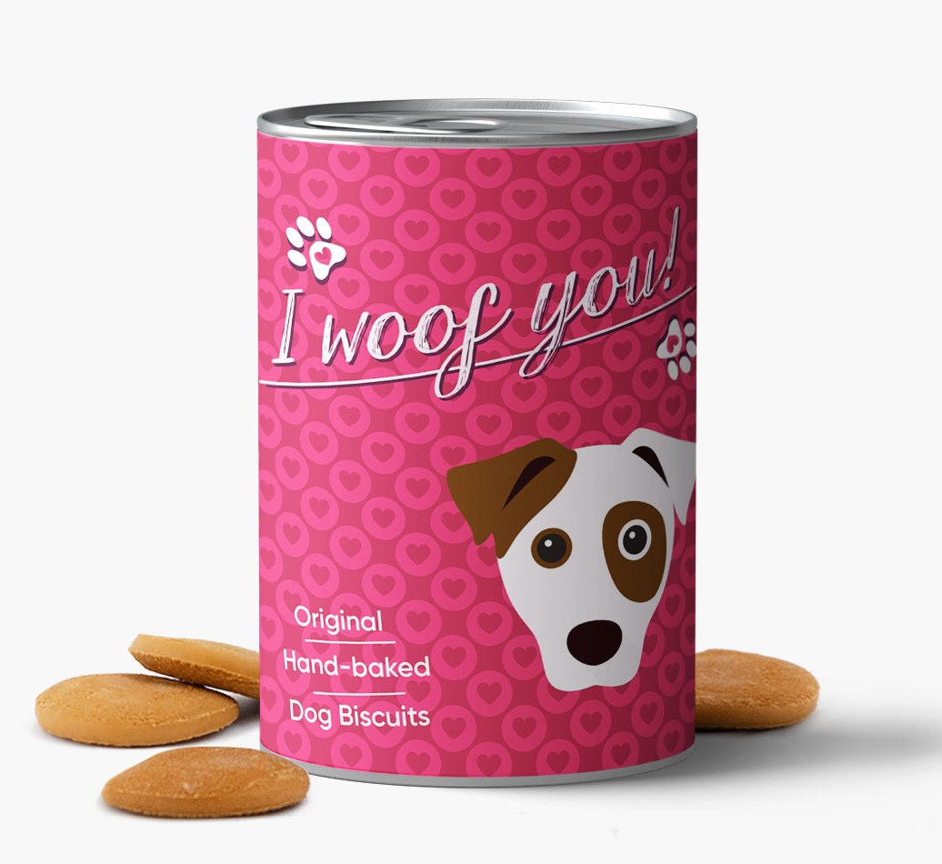 'I Woof You' Biscuits front view of tin