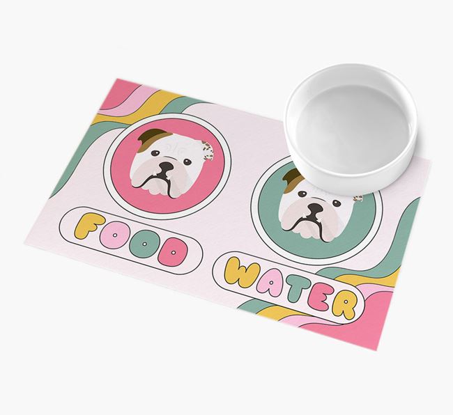 'Rainbow Icons' - Personalised English Bulldog Feeding Mat