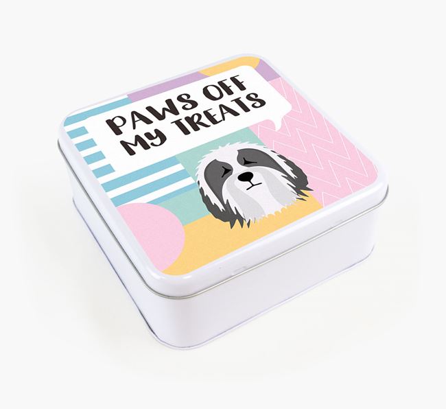 'Paws Off' Square Tin for Bearded Collie's Treats
